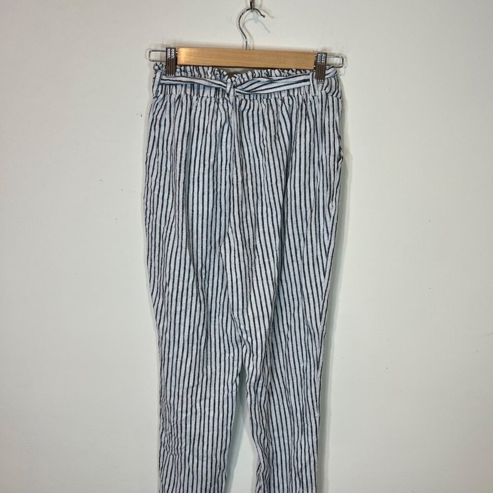 ANTI BLUE Pants S Linen Blend Striped Cropped Blue White Pullon Size Small - Picture 4 of 8